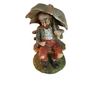 Capodimonte Hobo Figurine Sitting on Bench Pipe Hole Worn in Shoe & Umbrella 8x5